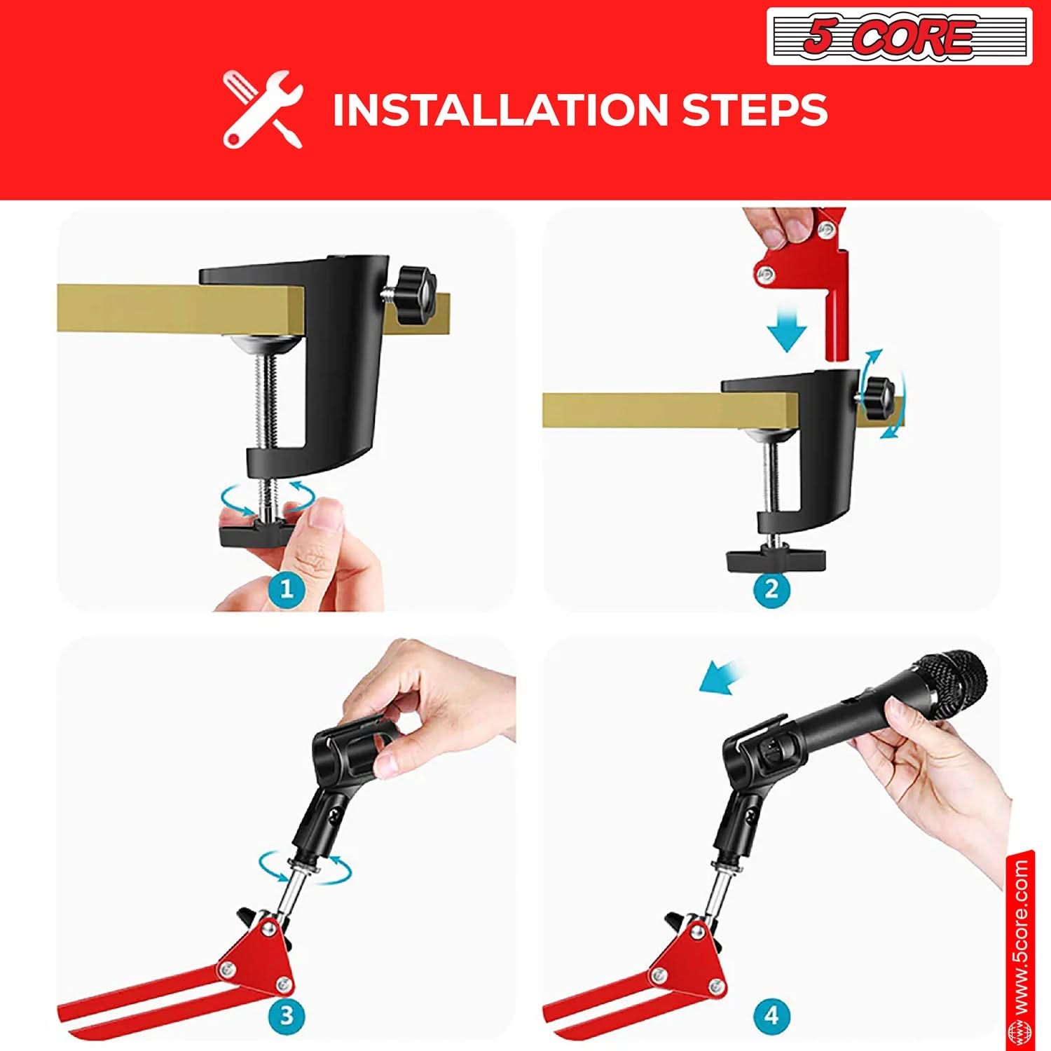 5Core Microphone Boom Arm Desk Mic Stand Adjustable Clamp Suspension Boom Stands RED - My Store