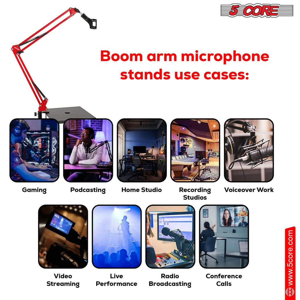 5Core Microphone Boom Arm Desk Mic Stand Adjustable Clamp Suspension Boom Stands RED - My Store