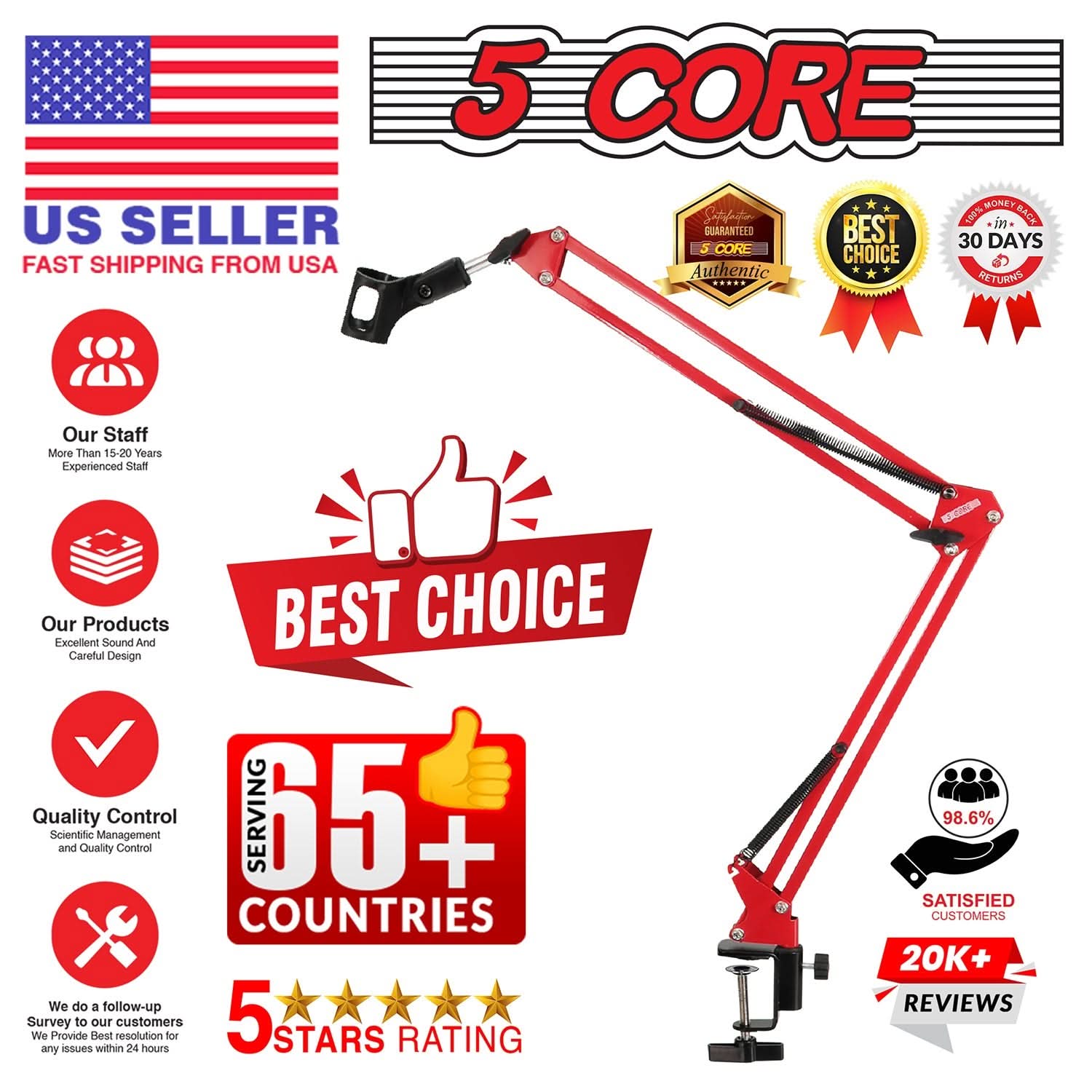 5Core Microphone Boom Arm Desk Mic Stand Adjustable Clamp Suspension Boom Stands RED - My Store