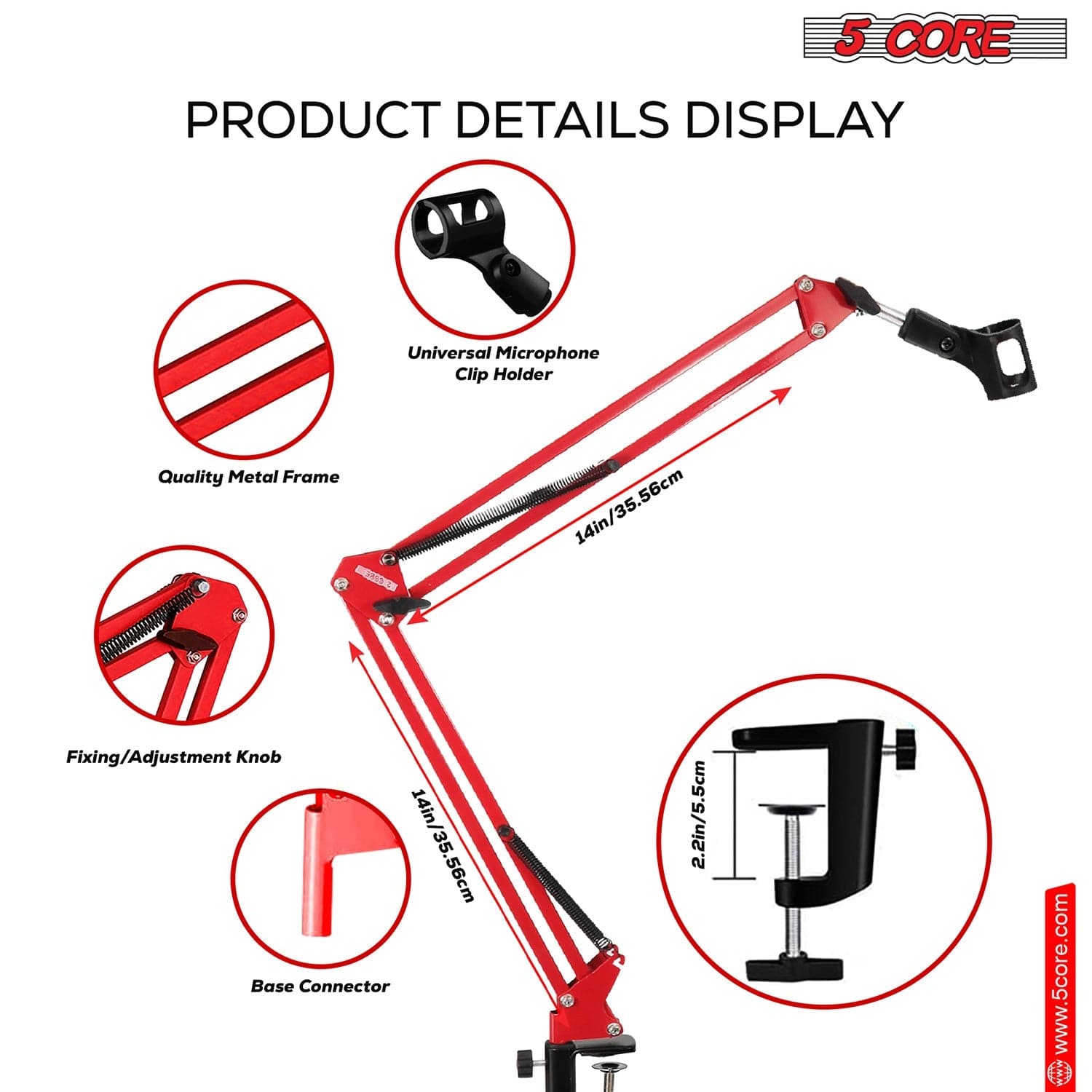 5Core Microphone Boom Arm Desk Mic Stand Adjustable Clamp Suspension Boom Stands RED - My Store