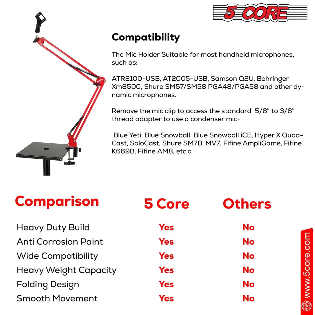 5Core Microphone Boom Arm Desk Mic Stand Adjustable Clamp Suspension Boom Stands RED - My Store