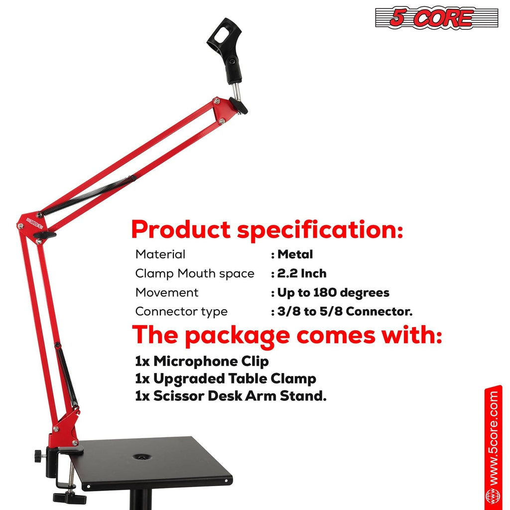 5Core Microphone Boom Arm Desk Mic Stand Adjustable Clamp Suspension Boom Stands RED - My Store